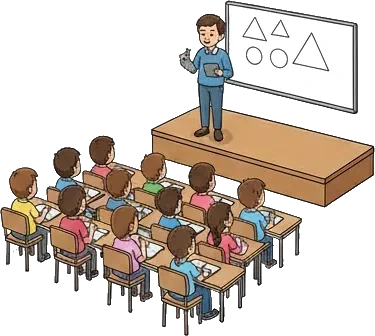 An institute with a hall and a tutor teaching in front of a large class of students