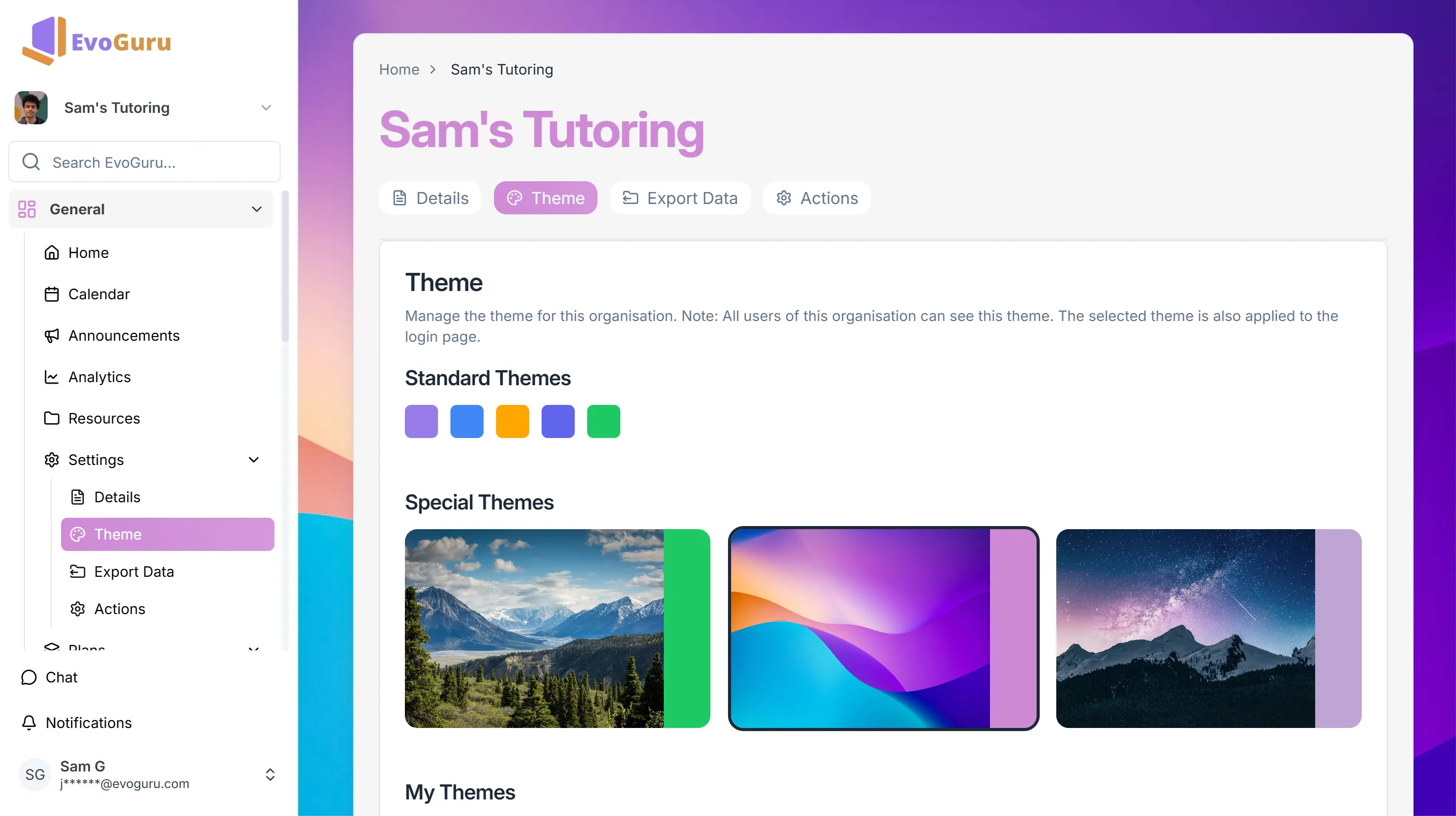 Tutor's theme settings page