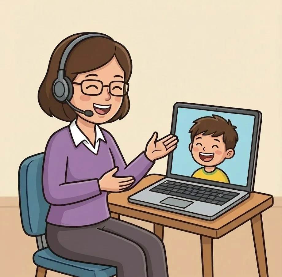 Tutor teaching a student online with their laptop
